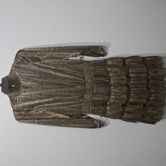 Plus Size Long Sleeve Mock Neck Smocked Waist Tiered Metallic Dress - Picture 4 of 10